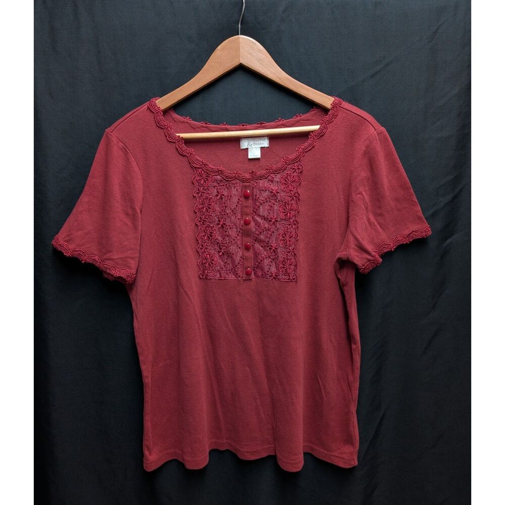 Burgundy Red Embroidered Floral Scoop Neck Top Cozy Cottagecore Fall L
